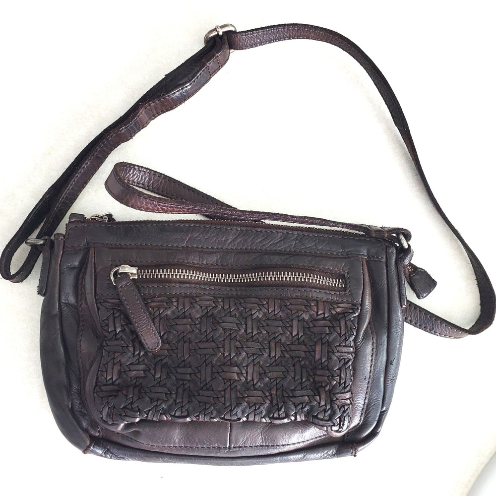 VALENCIA HOLLAND Chocolate Brown Leather Woven Crossbody Bag Adjustable Strap
